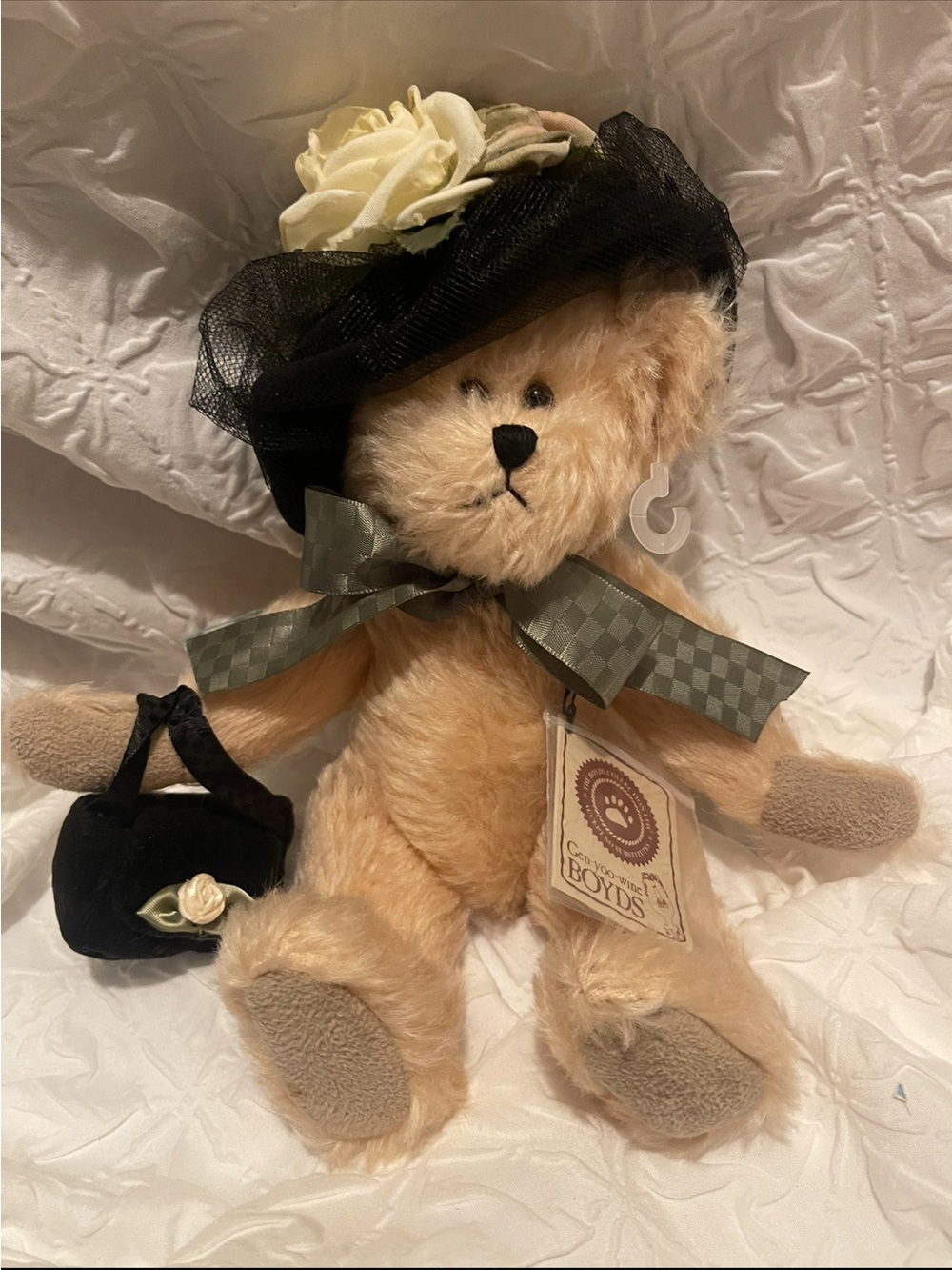 Boyds Bears Tan Mohair Teddy with Black Hat and Green Bow